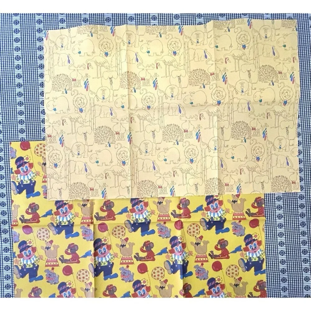 Vintage Gift Wrap Circus Clowns & Animals in Ties Yellow 80s Moose Peacock Paper